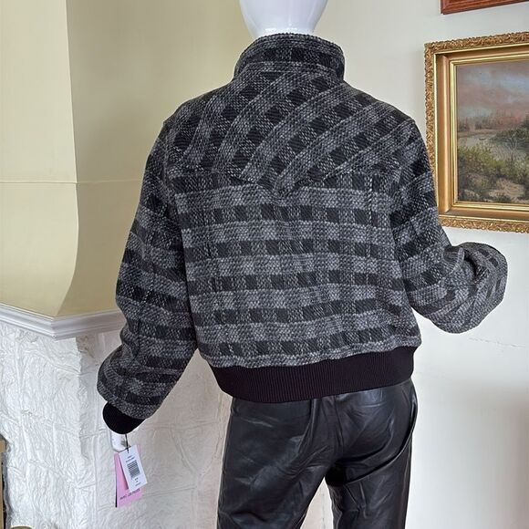 NWT Avec Les Filles Black & Grey Plaid Cropped Bomber Jacket - Picture 6 of 15